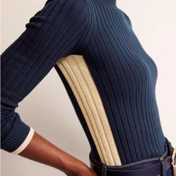 Boden | Isodora Ribbed Long Sleeve Sweater in Navy Gold Shimmer | S - Picture 5 of 7